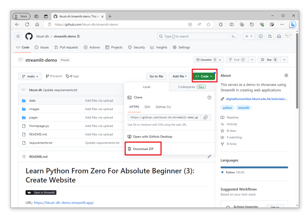 Screenshot illustrates how to download files in ZIP from Github repository