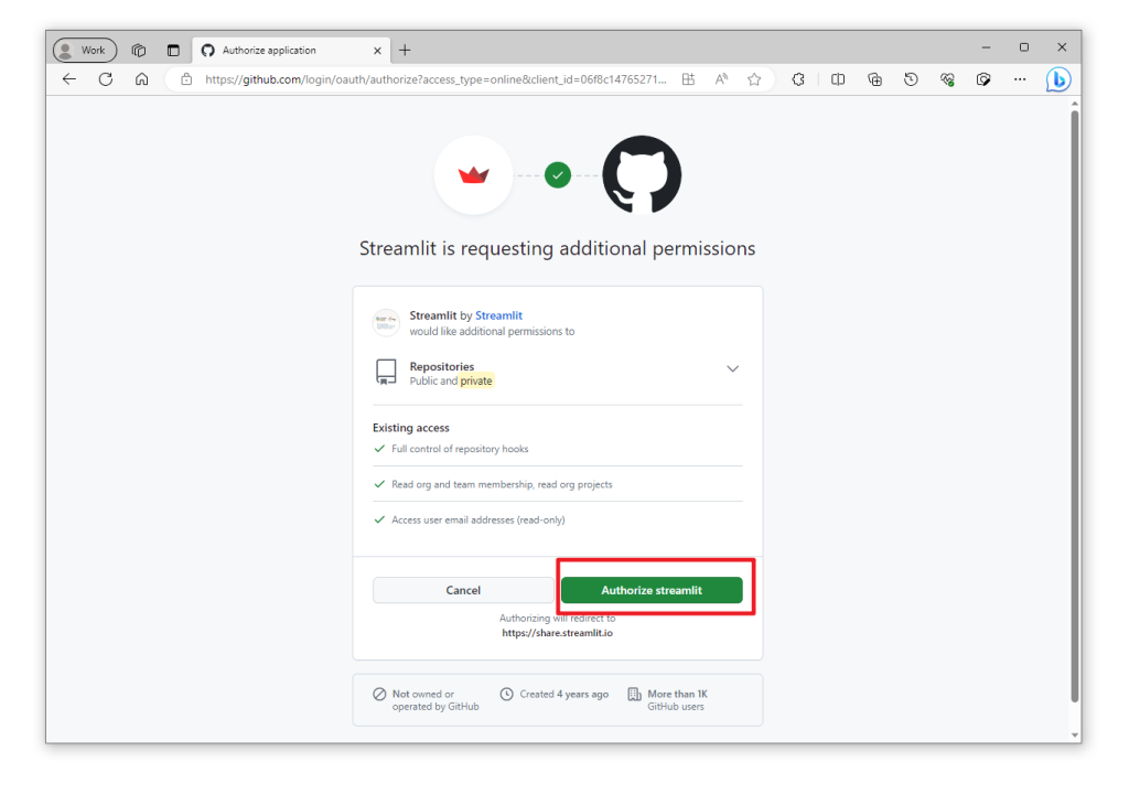 auth streamlit to github repo