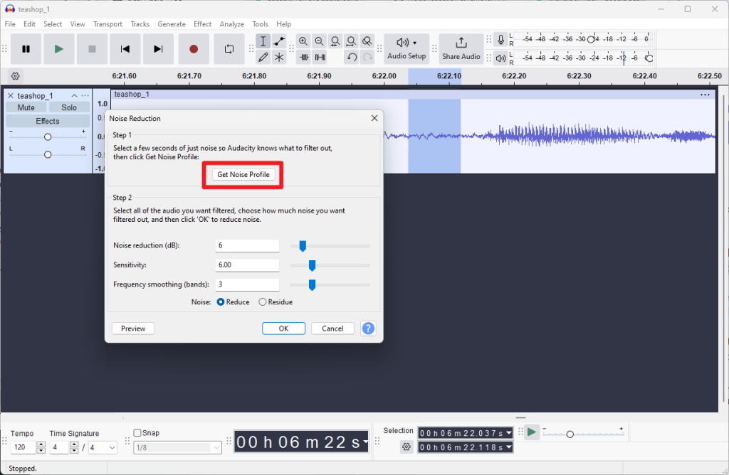 Audacity noise Reduction get Noise Profile