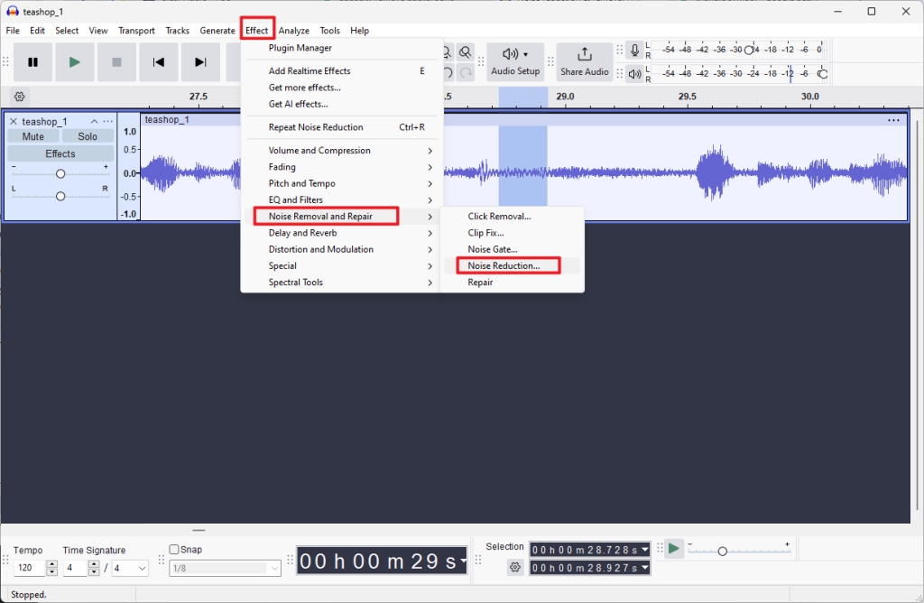 Audacity noise Reduction selected Portion